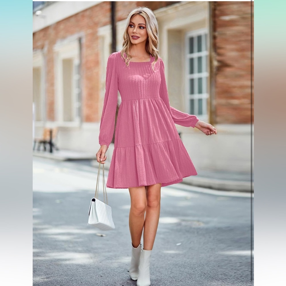 Biubiu Women's Casual Knit Sweater Dress Square Neck Long Sleeve Knee Length Ba - Picture 5 of 6
